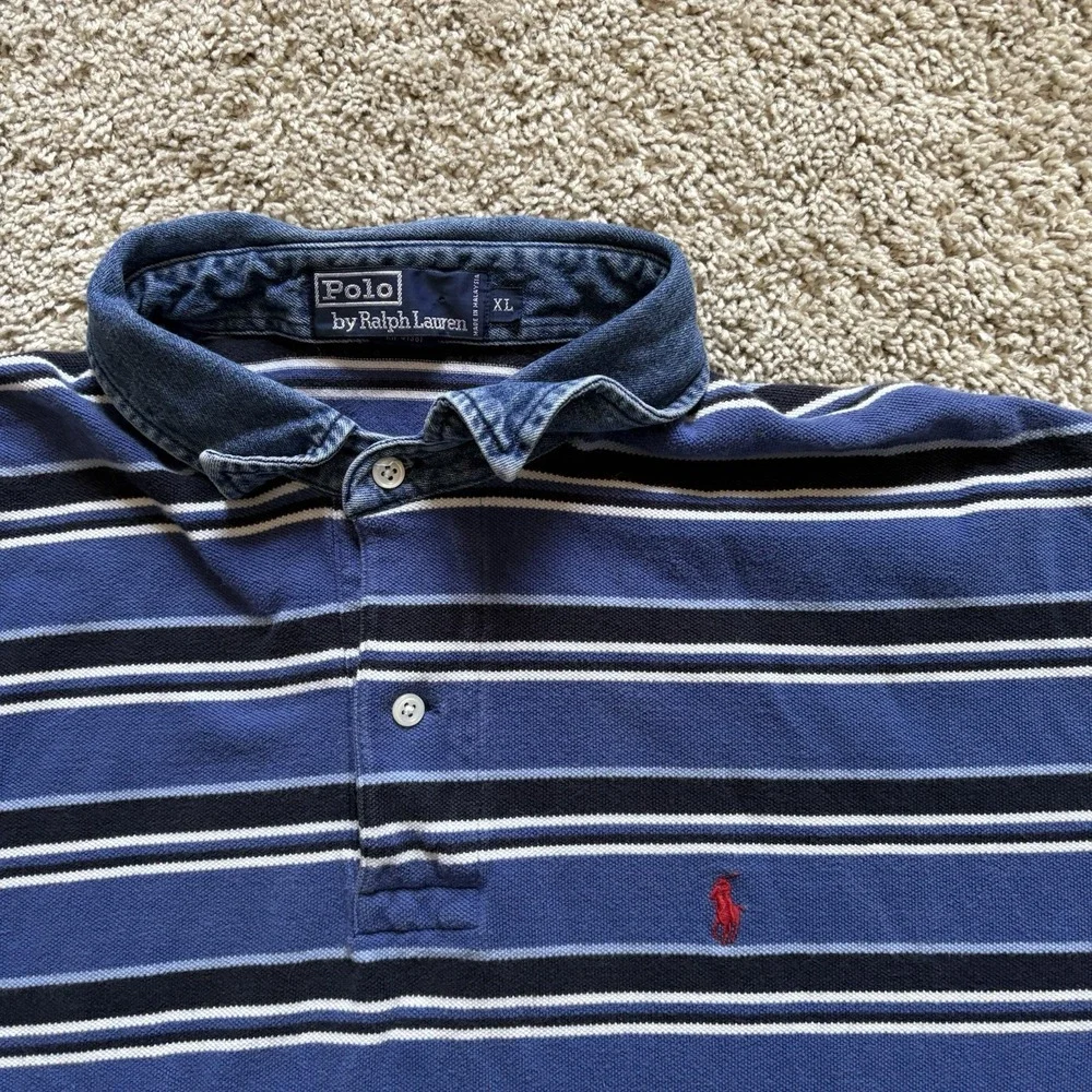 Vintage‎ Polo Ralph Lauren Polo Denim Collar Men's XL Blue Multi Striped